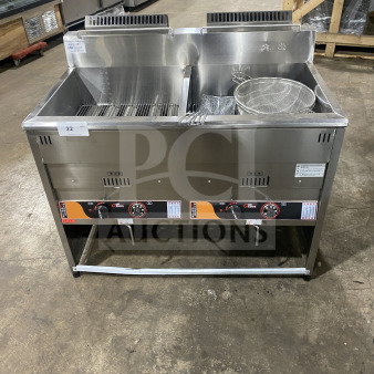 Brand new Gaoji Gorgeous gas fryer, model MHGF-2T46F, stainless steel, double tank, free-standing with legs.