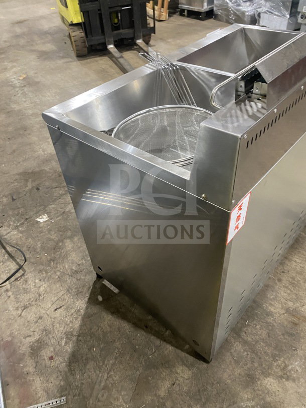 BRAND NEW Gaoji Gorgeous MHGF2T46F commercial stainless steel gas deep fat fryer, double tank, on legs, with basket.