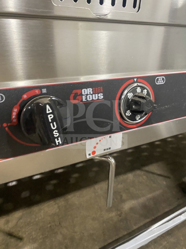 BRAND NEW Gaoji Gorgeous commercial stainless steel gas fryer, Model MHGF-2T46F, featuring dual tanks and adjustable controls.