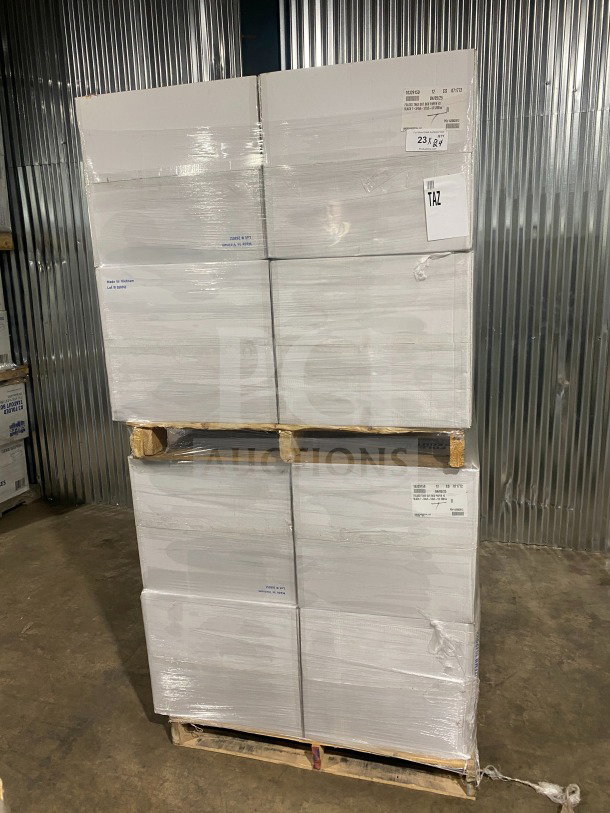 Pallet of new Americareroyal Model FTB3BK black folded takeout boxes, 66 oz. each, in sealed white cartons.
