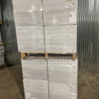 Pallet of new Americareroyal Model FTB3BK black folded takeout boxes, 66 oz. each, in sealed white cartons.