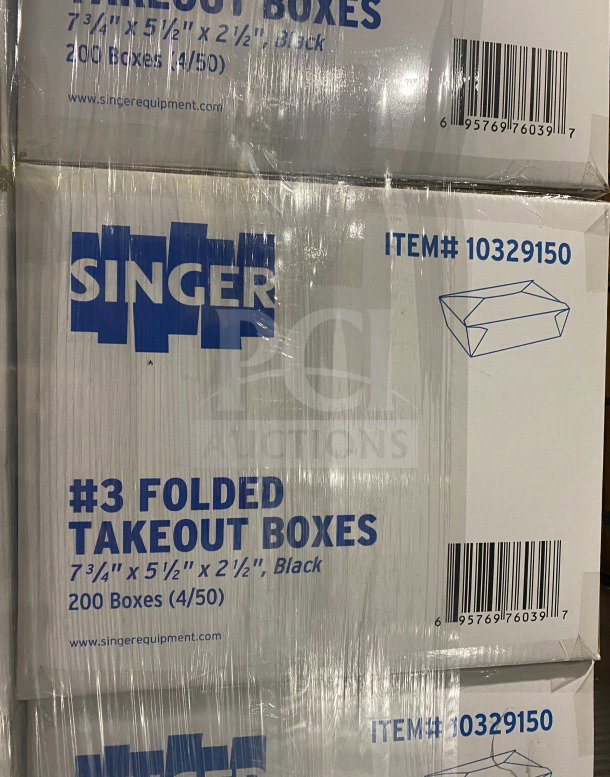 Americareroyal Model FTB3BK black takeout boxes, 200 pack, brand new. Dimensions: 7.75"x5.5"x2.5".