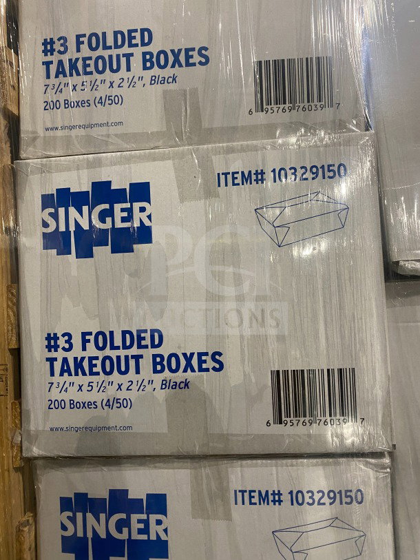 Americareroyal FTB3BK black folded takeout boxes, 66 oz, brand new, commercial size. Pack of 200, model details visible.
