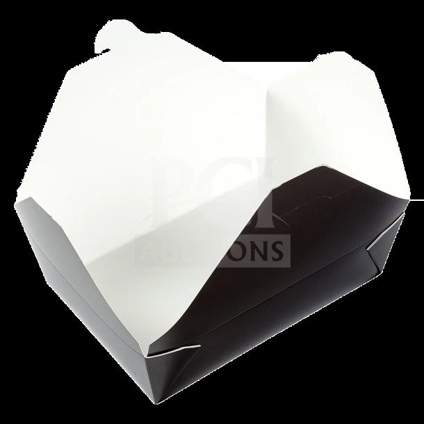 Brand new Americareroyal FTB3BK black takeout box, 66 oz capacity, open view, commercial size, no markings visible.
