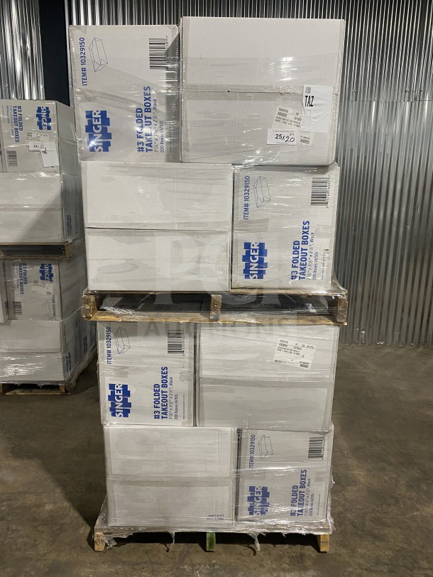 Americareroyal Commercial Size-3 66 Oz. Black Folded Takeout Boxes, Model FTB3BK, multiple units on pallets.