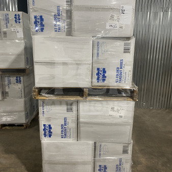 Americareroyal Commercial Size-3 66 Oz. Black Folded Takeout Boxes, Model FTB3BK, multiple units on pallets.