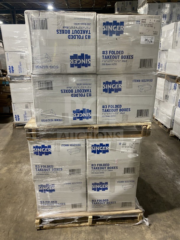 Americareroyal commercial black takeout boxes, Model FTB3BK, brand new, 66 oz, foldable design, shown in warehouse packaging.