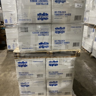 Americareroyal commercial black takeout boxes, Model FTB3BK, brand new, 66 oz, foldable design, shown in warehouse packaging.