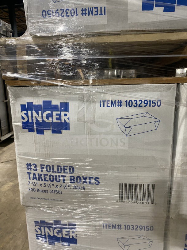 Americareroyal FTB3BK commercial size-3 black folded takeout boxes, 66 oz, new, in sealed packaging on a pallet.