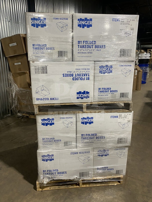 Americareroyal FTB3BK takeout boxes stacked on pallets. Model: FTB3BK, 66 oz capacity, black color, commercial size.