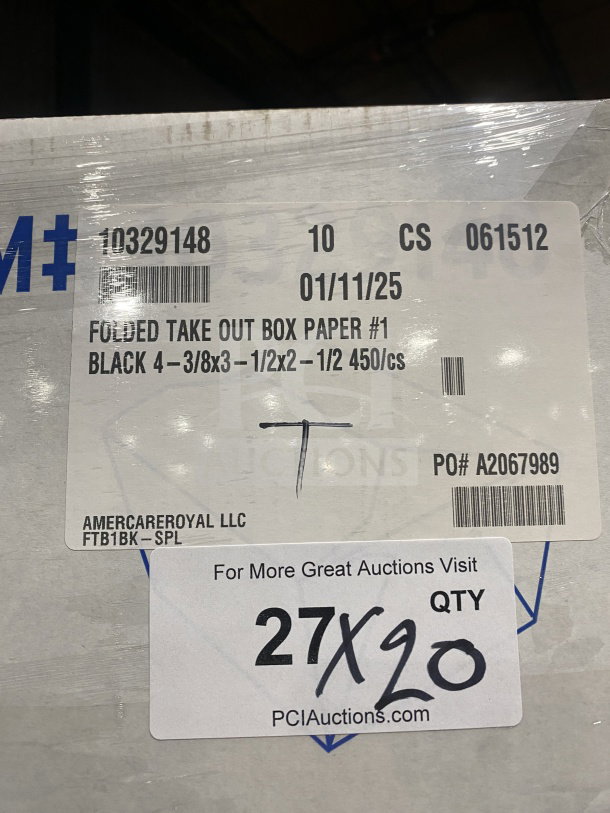 Americareroyal FTB3BK 66 oz. black takeout box, new. Folded paper box, size #1, 450 per case. Auction bid multiplier: 20X.
