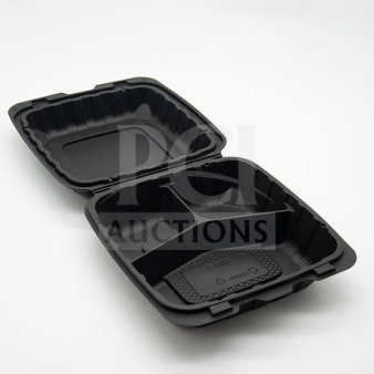 Brand new Singer MFPP commercial black hinged takeout container, 3-compartment, 8x8x3", 200/case. Model: MFPP.