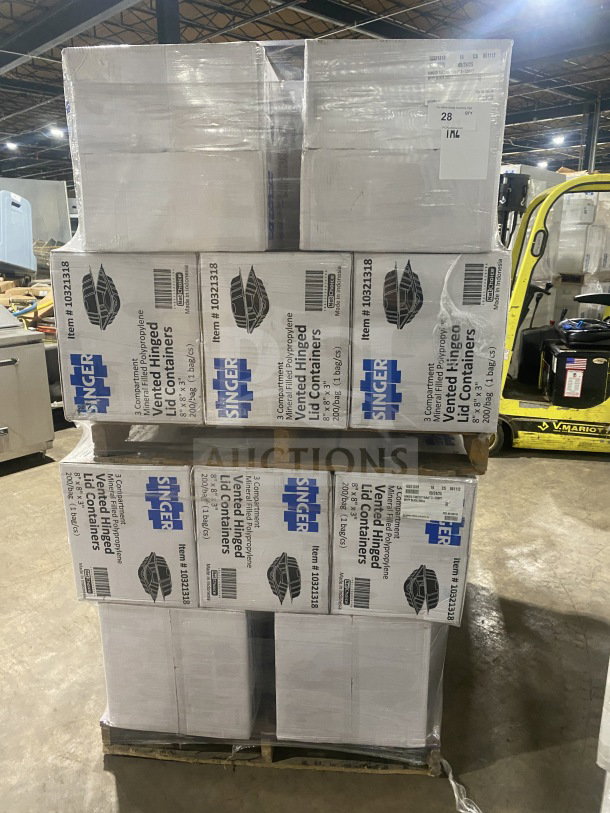 BRAND NEW Singer 3-compartment hinged 8x8x3" containers, model MFPP, 200 per case. Item #10321318 visible.