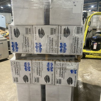 BRAND NEW Singer 3-compartment hinged 8x8x3" containers, model MFPP, 200 per case. Item #10321318 visible.