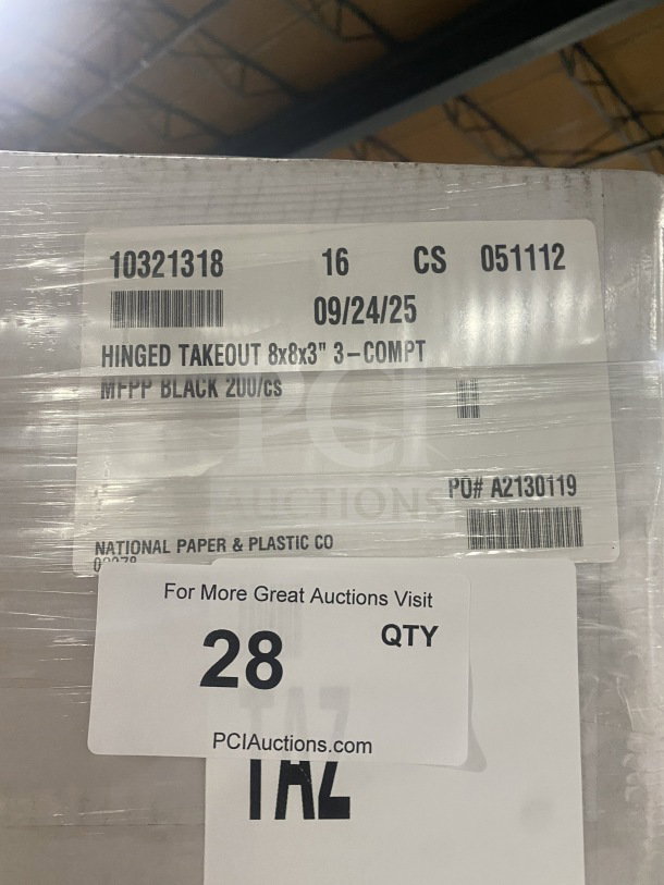 Brand new Singer MFPP black hinged 3-compartment containers, 8X8X3", 200 per case. Serial: 10321318.