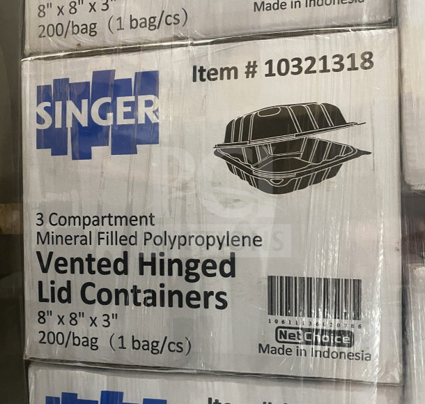 BRAND NEW! Singer Model MFPP black vented hinged 3-compartment containers, 8"x8"x3", 200/case, Item #10321318.
