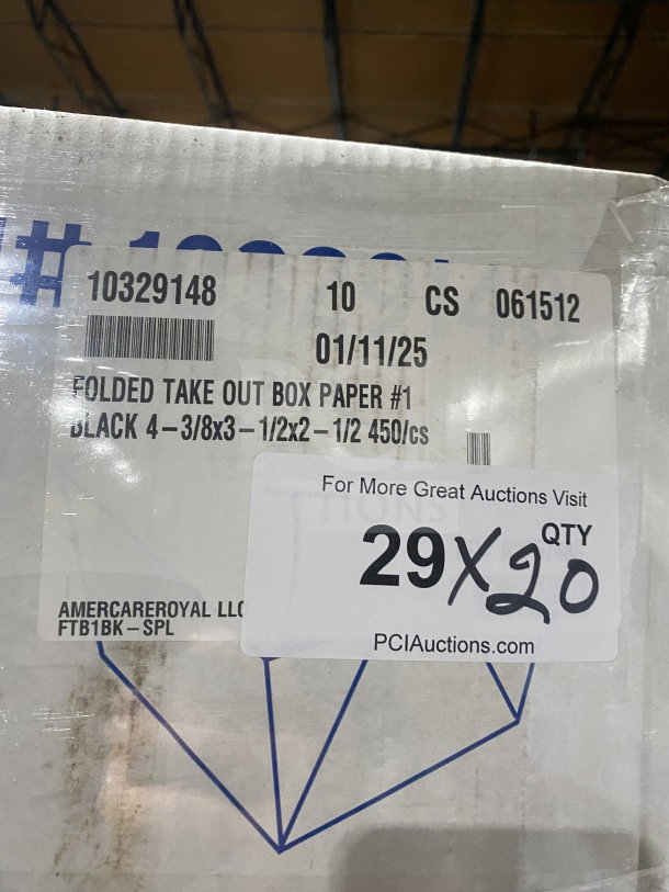 AmeriCareRoyal FTB1BK paperboard take-out box, black, 4.375x3.5x2.5, 450 per case, new condition, fold-top design.
