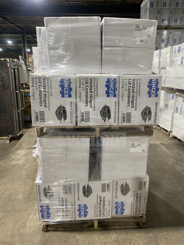 Brand new Singer Model MFPP black hinged 3-compartment containers, 8x8x3", 200 per case, palletized, auction item.