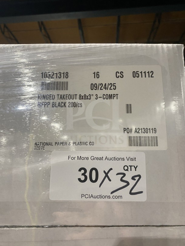 Singer MFPP Hinged Takeout Containers, black, 8x8x3", 3-compartment, 200/case, new condition.