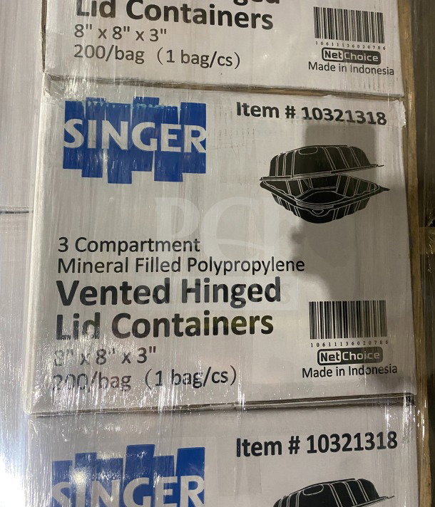 BRAND NEW Singer MFPP 3-compartment black hinged containers, 8x8x3", 200 per case, mineral-filled polypropylene, made in Indonesia.