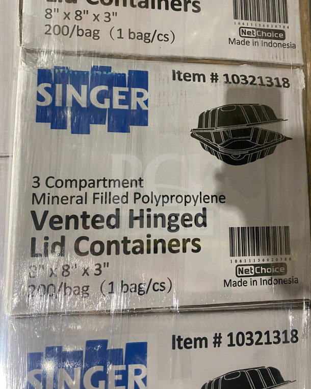 Brand new Singer MFPP 3-compartment containers, 200/case, 8x8x3", vented hinged lid, mineral filled polypropylene.