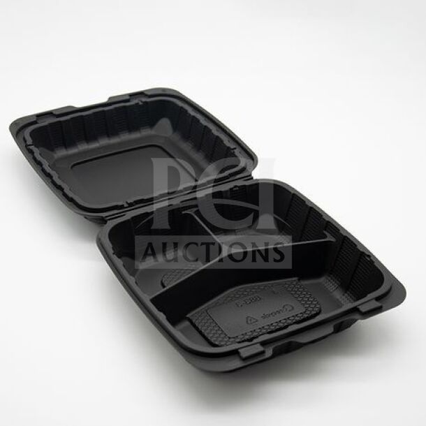 Brand new Singer MFPP black hinged takeout containers, 8x8x3", 3-compartment, 200 per case.
