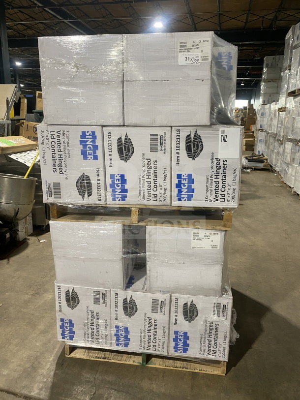 BRAND NEW Singer MFPP 3-Compartment Vented Hinged Containers, 8X8X3", 200/Case. Stacked boxes on pallets.