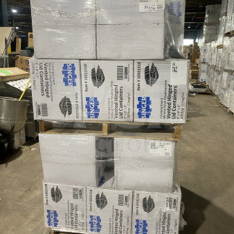 BRAND NEW Singer MFPP 3-Compartment Vented Hinged Containers, 8X8X3", 200/Case. Stacked boxes on pallets.