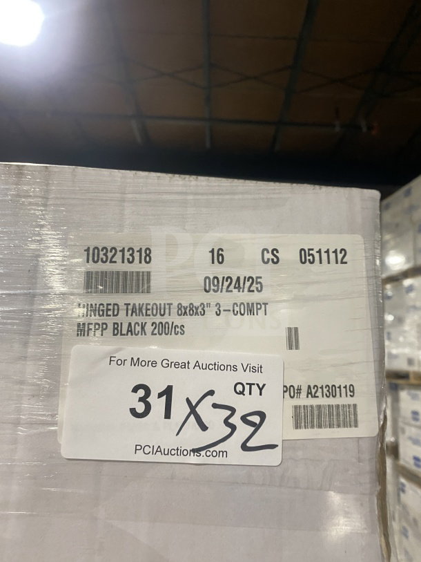 Singer Model MFPP black hinged 3-compartment takeout containers, 8x8x3 inch, 200/case, new condition.