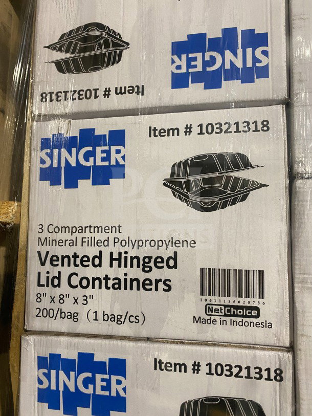 Brand new Singer MFPP 3-compartment hinged containers, 8"x8"x3", 200/case, mineral-filled polypropylene, made in Indonesia.