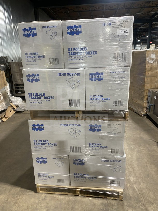 BRABD NEW! AmeriCareRoyal FTB1BK black take-out boxes, fold-top, 4.375x3.5x2.5 inches, 450 count per case, stacked on pallet.