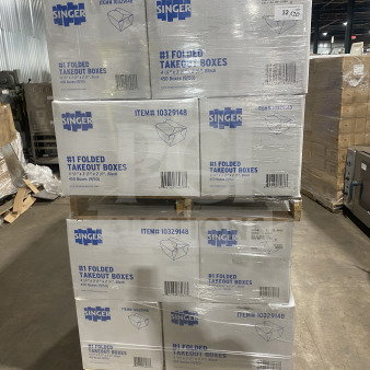 BRABD NEW! AmeriCareRoyal FTB1BK black take-out boxes, fold-top, 4.375x3.5x2.5 inches, 450 count per case, stacked on pallet.