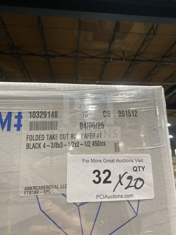 AmeriCareRoyal commercial paperboard black take-out boxes, model FTB1BK. Size 4.375"x3.5"x2.5", 450 per case, new. Tags show batch details and quantity.