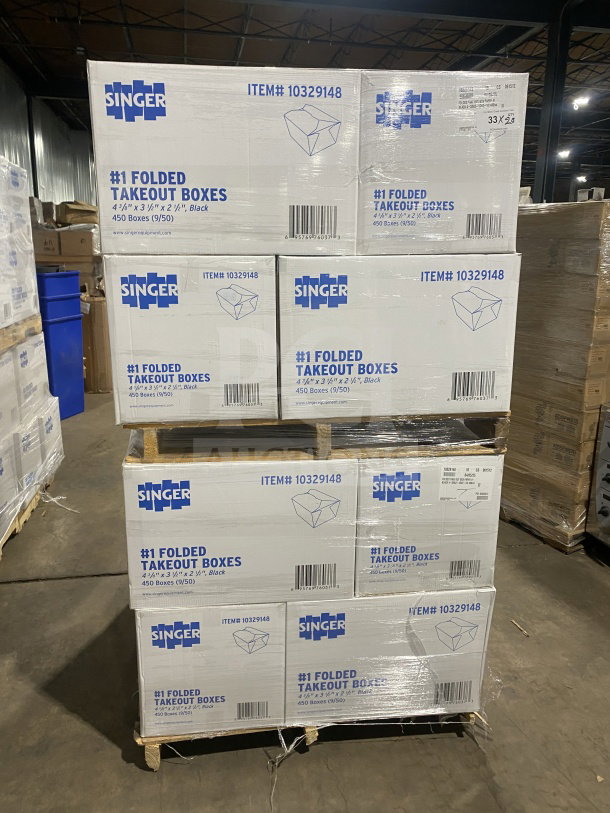AmeriCareRoyal FTB1BK black take-out boxes, 450 per case, folded paperboard, new condition, dimensions 4.375x3.5x2.5 inches.