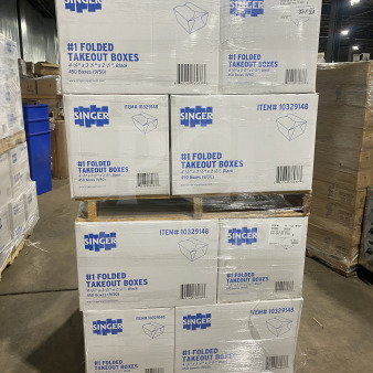 AmeriCareRoyal FTB1BK black take-out boxes, 450 per case, folded paperboard, new condition, dimensions 4.375x3.5x2.5 inches.