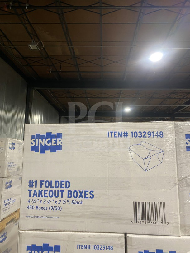 AmeriCareRoyal commercial black take-out boxes, model FTB1BK, 4.375x3.5x2.5 inches, 450 per case, new condition.