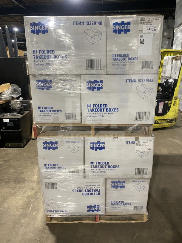 AmeriCareRoyal FTB1BK take-out boxes, black, 4.375x3.5x2.5", 450/case, on pallet, new condition, Singer branding visible.
