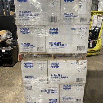 AmeriCareRoyal FTB1BK take-out boxes, black, 4.375x3.5x2.5", 450/case, on pallet, new condition, Singer branding visible.