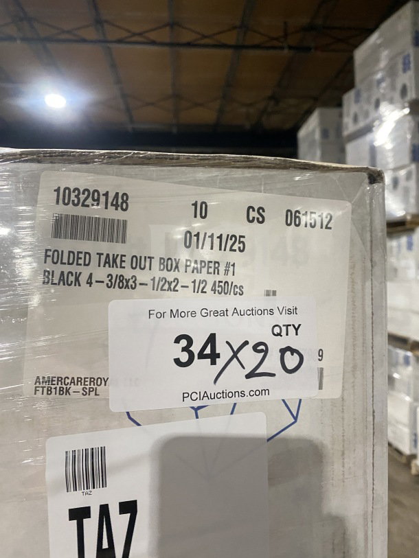 AmeriCareRoyal FTB1BK paperboard take-out box, black, fold-top, 4.375x3.5x2.5 inches, 450 per case, new condition.