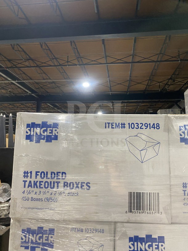 AmeriCareRoyal take-out box case, model FTB1BK. Contains 450 black paperboard boxes, size 4.375x3.5x2.5". New condition.