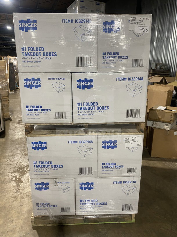 Stack of AmeriCareRoyal Model FTB1BK black take-out boxes, 450 per case, 4.375x3.5x2.5 inches, new condition.