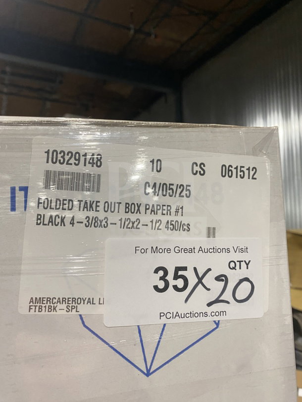 AmeriCareRoyal FTB1BK black take-out box, 4.375x3.5x2.5 inches, new, 450/box. Label shows model and quantity details.