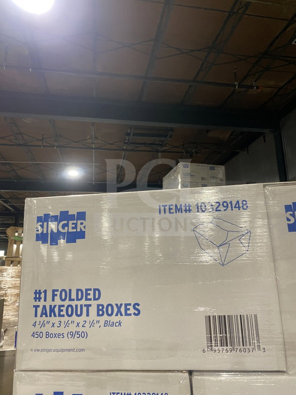 AmeriCareRoyal FTB1BK commercial paperboard black take-out boxes, 4.375x3.5x2.5 inches, 450 per case, new condition.