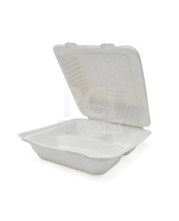 Singer Bagasse 8x8x3" takeout box, 3 compartments, no PFAS, brand new, SKU: 10322861, 200 per case.