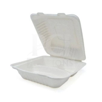 Singer Bagasse 8x8x3" takeout box, 3 compartments, no PFAS, brand new, SKU: 10322861, 200 per case.