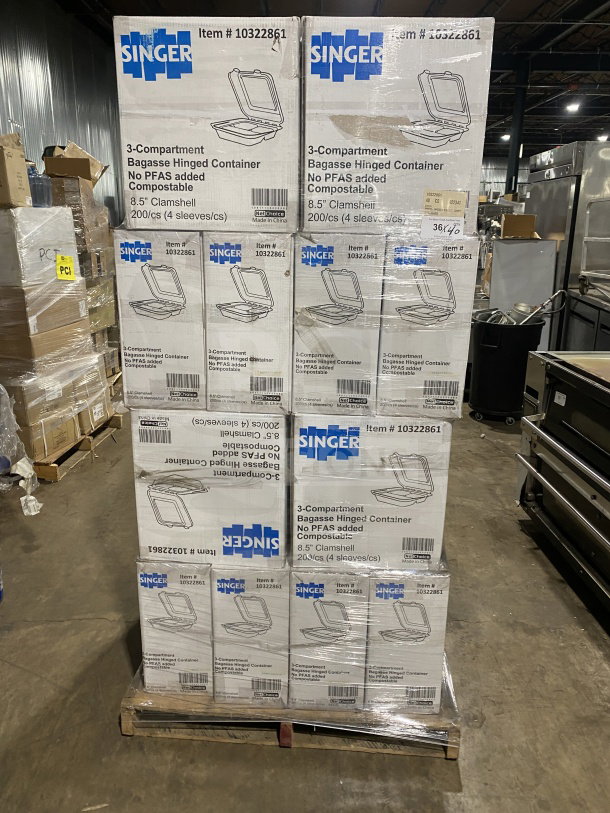 Singer 3-compartment bagasse hinged takeout boxes, 8x8x3", 200/case, no PFAS, item #10322861, brand new, pallet of boxes.