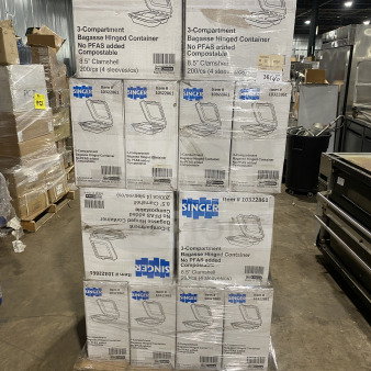 Singer 3-compartment bagasse hinged takeout boxes, 8x8x3", 200/case, no PFAS, item #10322861, brand new, pallet of boxes.