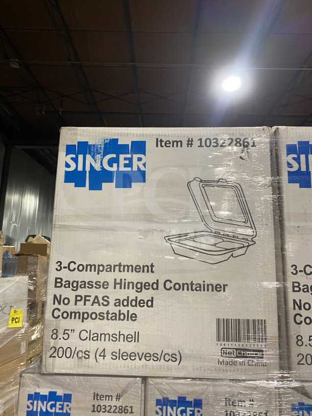 Singer commercial bagasse hinged takeout boxes, 8"x8"x3", 3-compartment, compostable, no PFAS, 200/case, SN: 10322861.