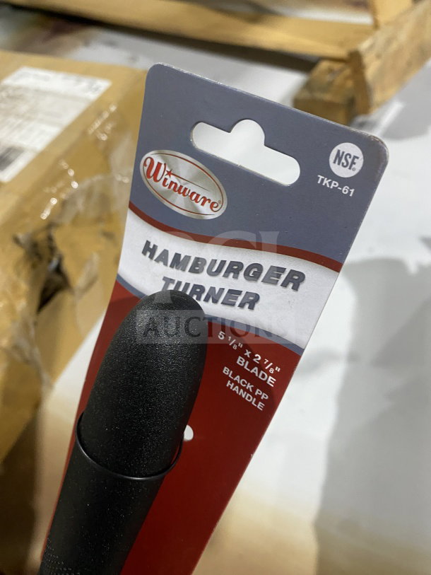 Brand new Winco Winware TKP-61 hamburger turner with 5 1/8" x 2 7/8" stainless blade and black PP handle.