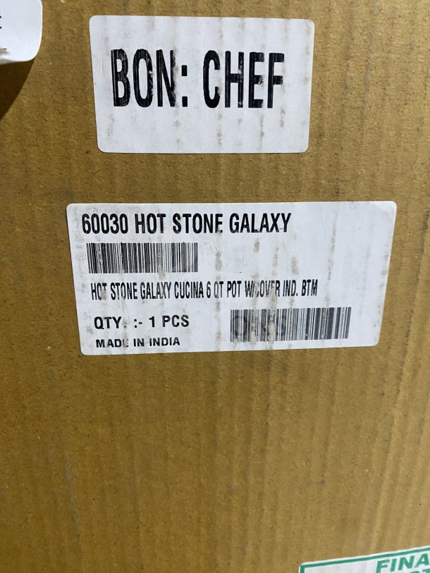 Brand new Bon Chef Galaxy Series 6 Qt brazier pot with lid, Model 60030. Indicated as commercial stainless steel. Made in India.